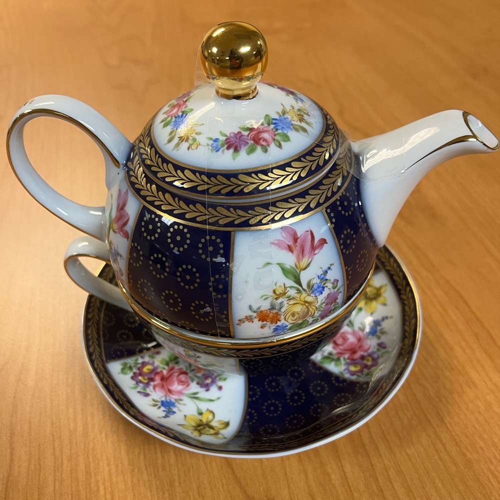 Vintage Lillian Vernon Porcelain Teapot, Teacup and Saucer Hand Painted MINT